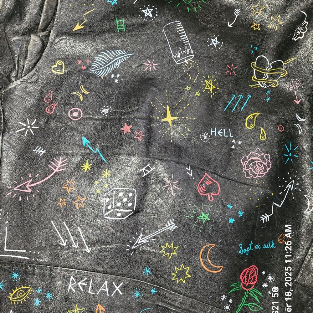 Urban Outfitters Black Leather Jacket with Colorful Artistic Accents - Picture 8 of 11